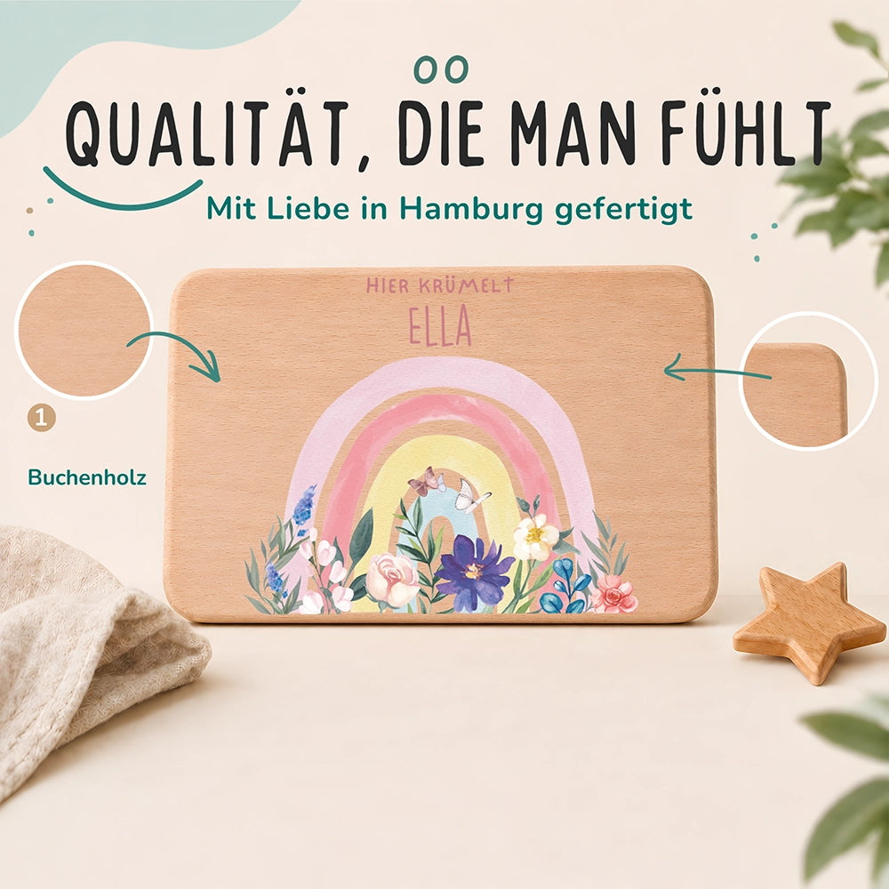 Frühstücksbrettchen Holz personalisiert - Blumen Regenbogen