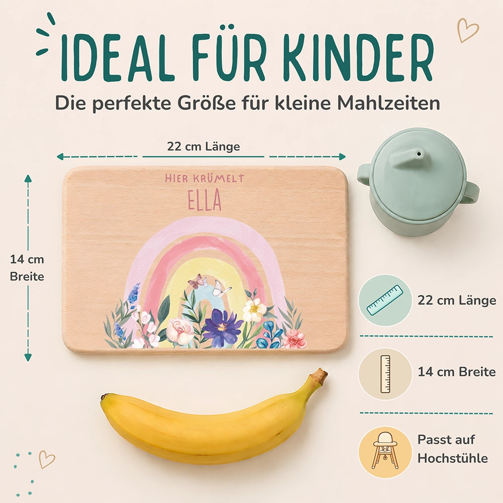 Frühstücksbrettchen Holz personalisiert - Blumen Regenbogen
