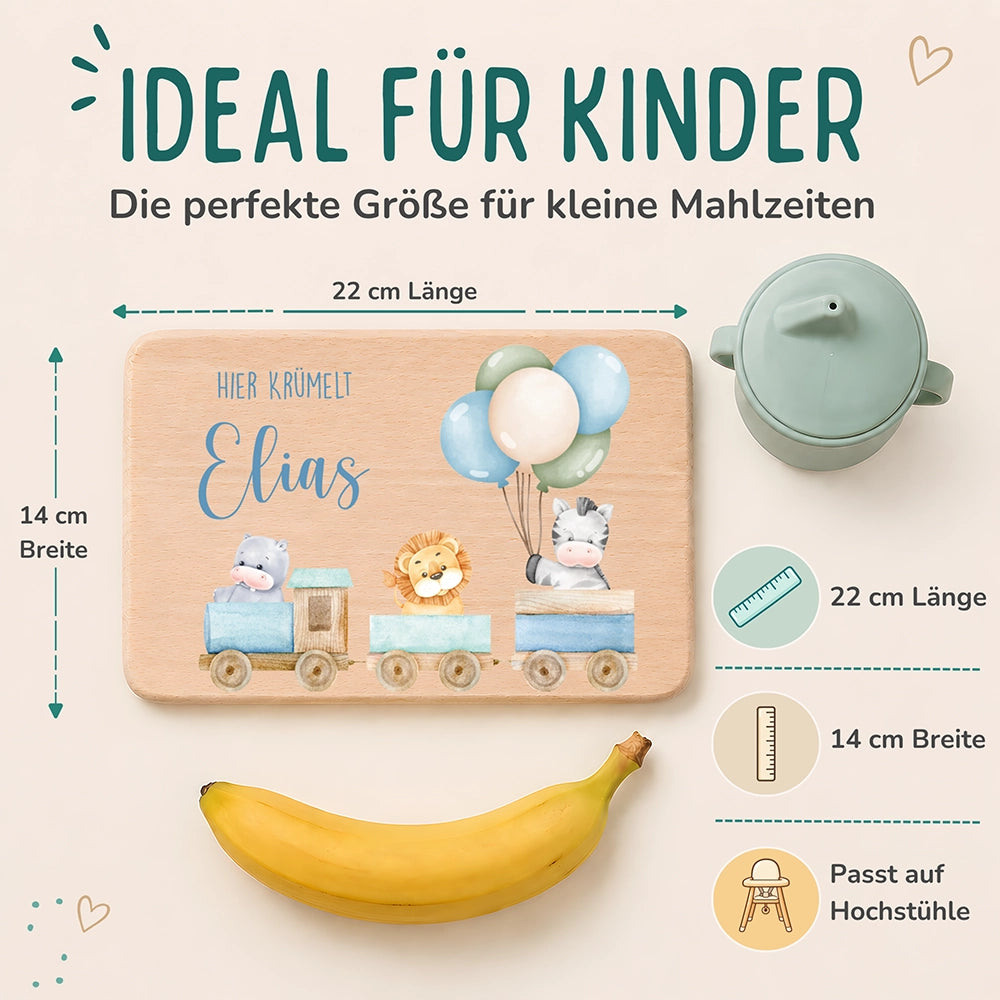 Frühstücksbrettchen Holz personalisiert Tiere Eisenbahn