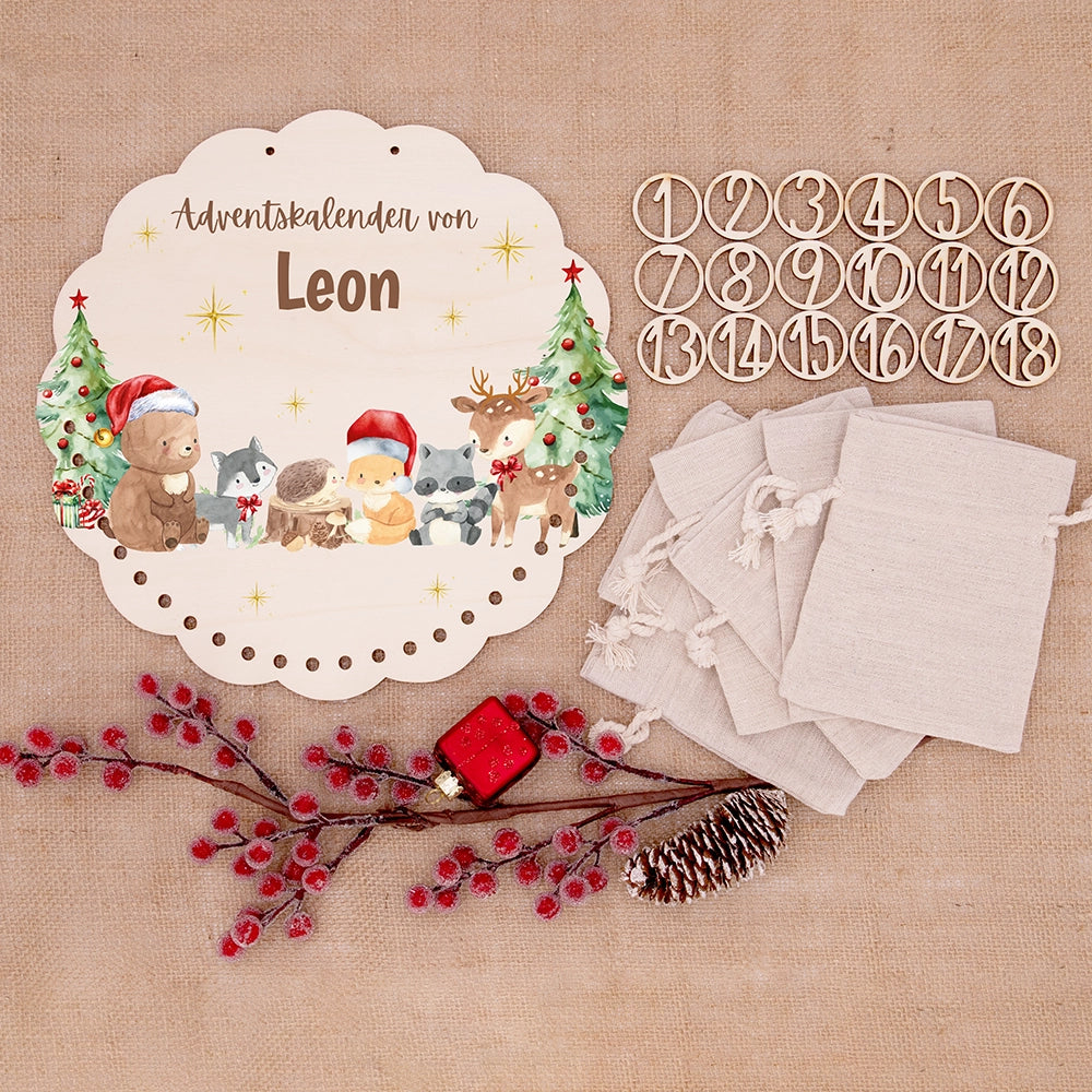 Personalisierter runder Adventskalender Kinder aus Holz - Weihnachtsfreude