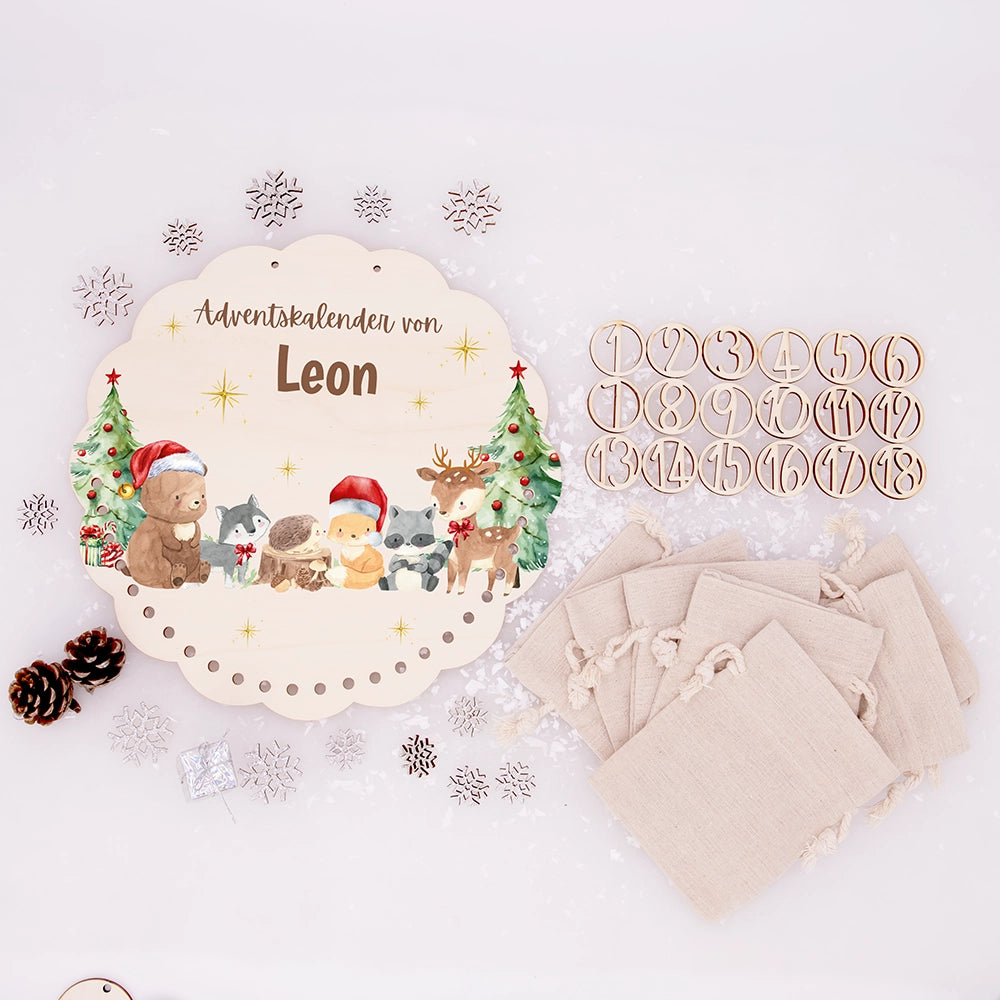 Personalisierter runder Adventskalender Kinder aus Holz - Weihnachtsfreude