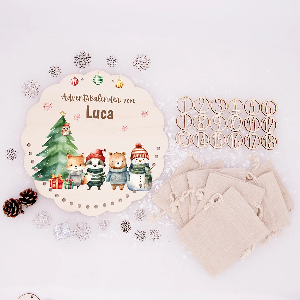 Personalisierter runder Adventskalender Kinder aus Holz - Tierische Weihnachtsbande