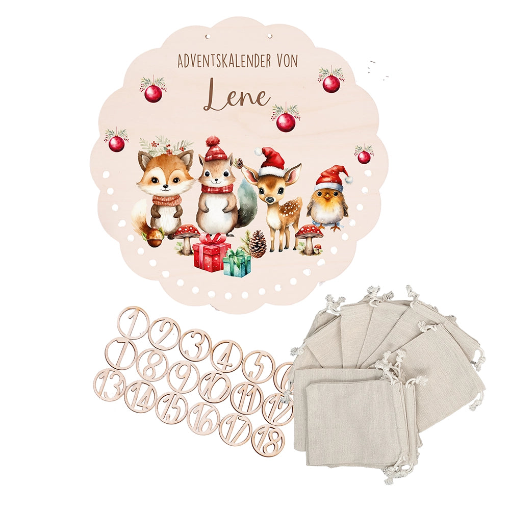 Personalisierter runder Adventskalender Kinder aus Holz - Tierische Weihnachtsfeier