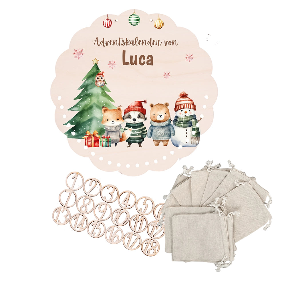 Personalisierter runder Adventskalender Kinder aus Holz - Tierische Weihnachtsbande