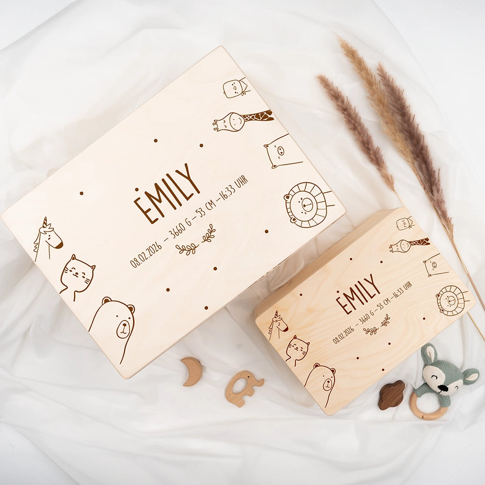 Erinnerungsbox Baby - fröhliche Tierfamilie