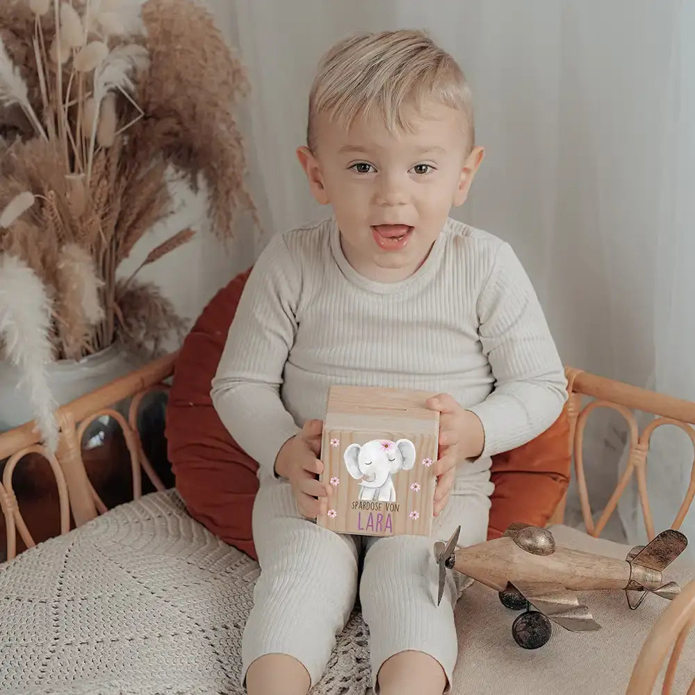 Spardose Kinder, Sparschwein personalisiert bunt - Elefant mit Blumen