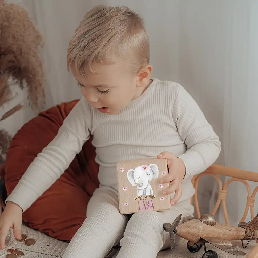 Spardose Kinder, Sparschwein personalisiert bunt - Elefant mit Blumen