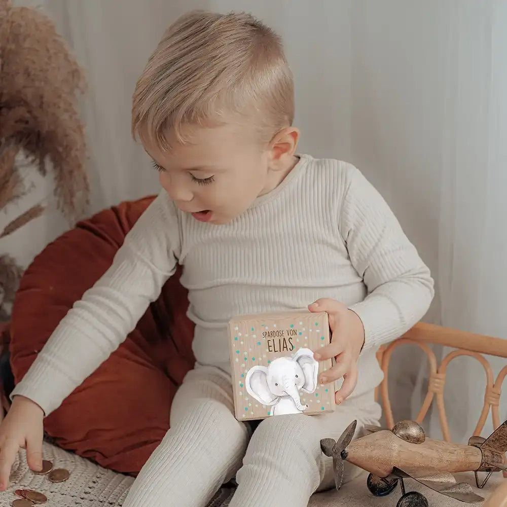 Spardose Kinder, Sparschwein personalisiert bunt - Elefant mit Pünktchen