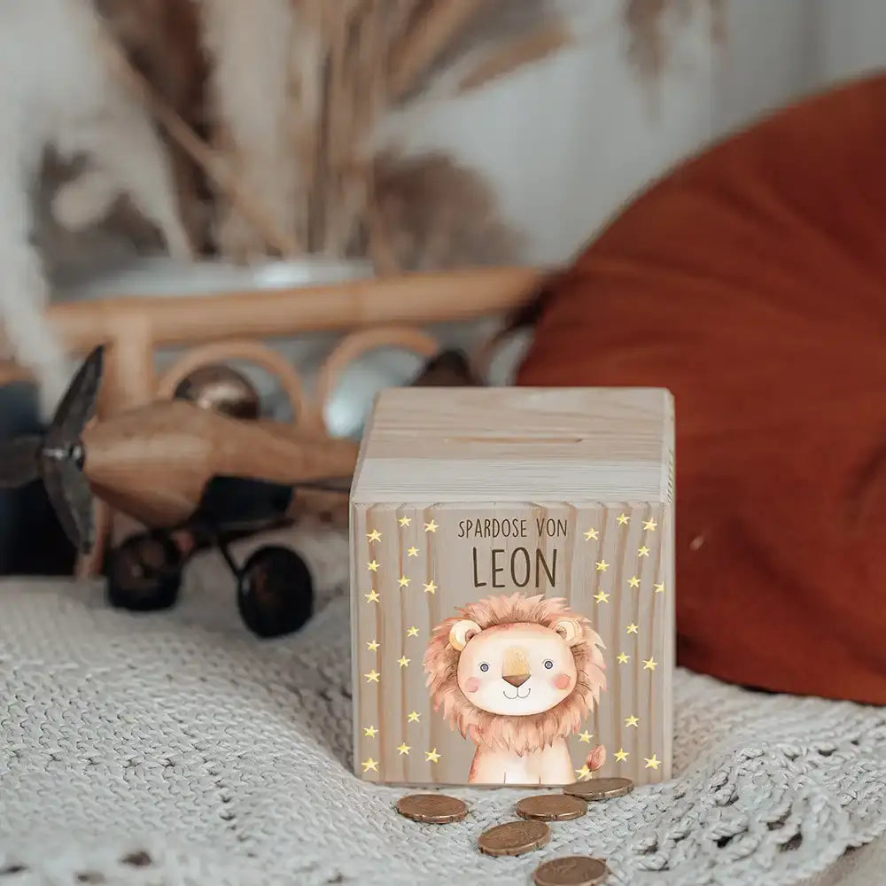 Spardose Kinder, Sparschwein personalisiert bunt - Löwe