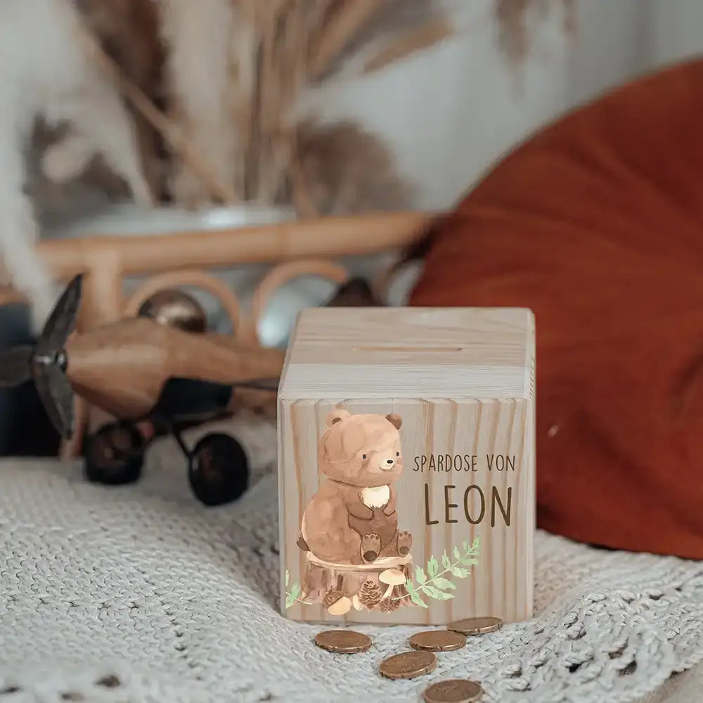 Spardose Kinder, Sparschwein personalisiert bunt - Bär Waldtiere
