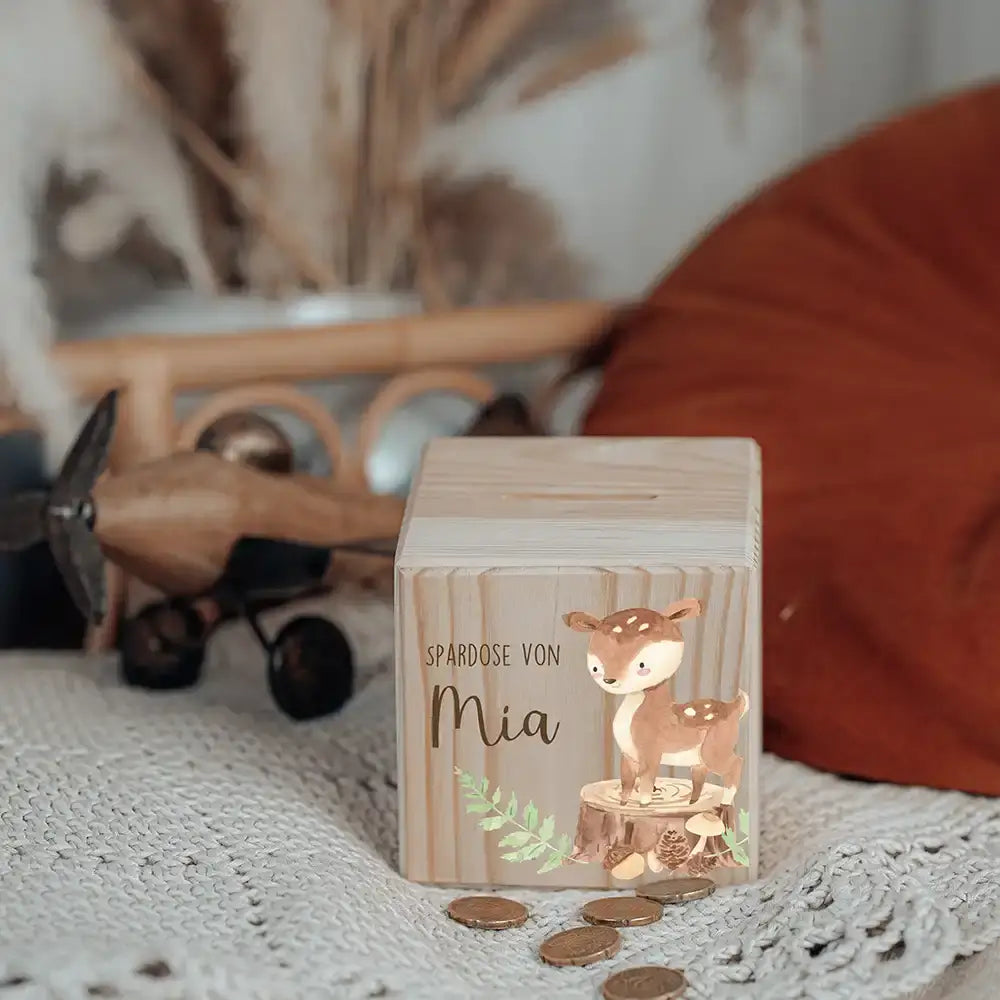 Spardose Kinder, Sparschwein personalisiert bunt - Reh Waldtiere