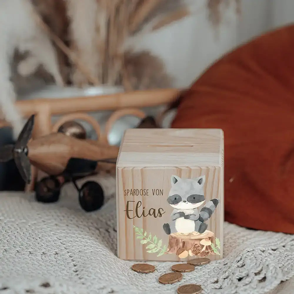 Spardose Kinder, Sparschwein personalisiert bunt - Waschbär
