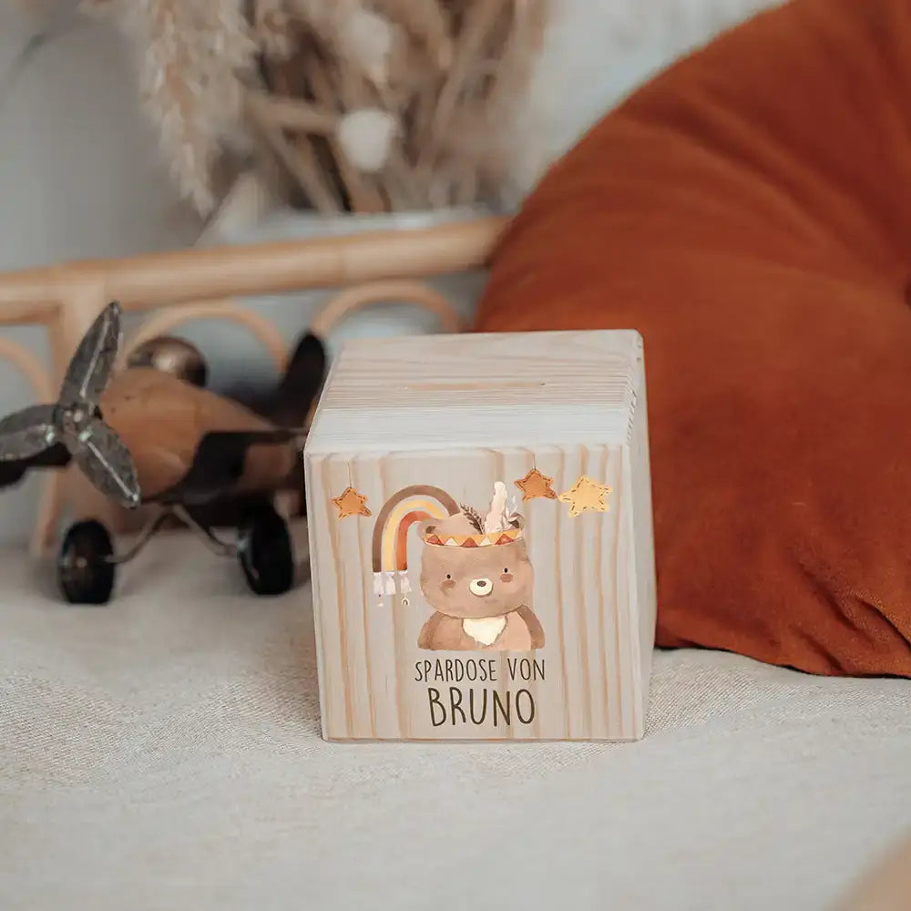 Spardose Kinder, Sparschwein personalisiert bunt - Boho Bär
