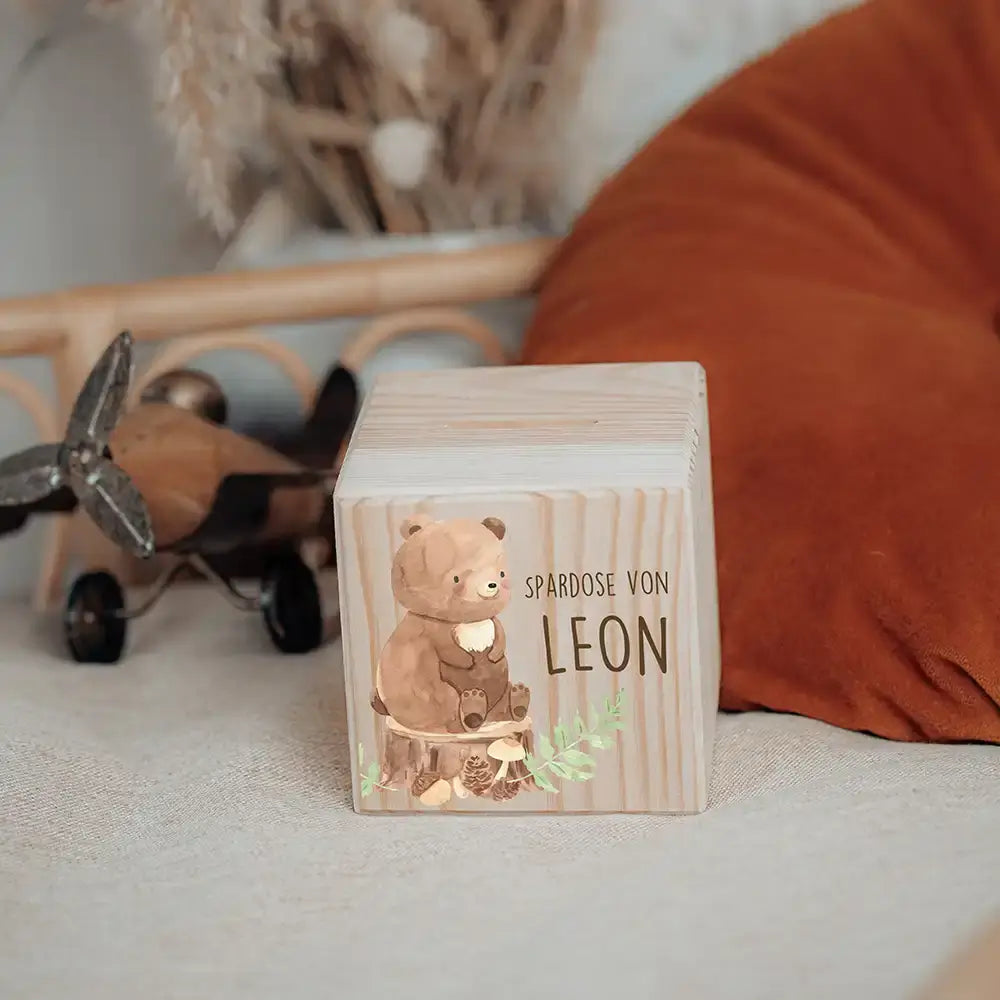 Spardose Kinder, Sparschwein personalisiert bunt - Bär Waldtiere