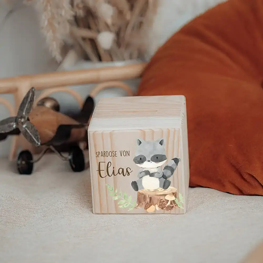 Spardose Kinder, Sparschwein personalisiert bunt - Waschbär