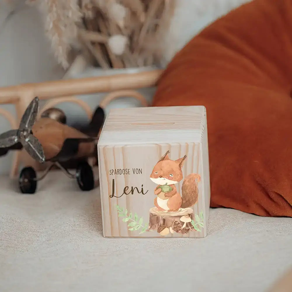 Spardose Kinder, Sparschwein personalisiert bunt - Eichhörnchen Waldtiere
