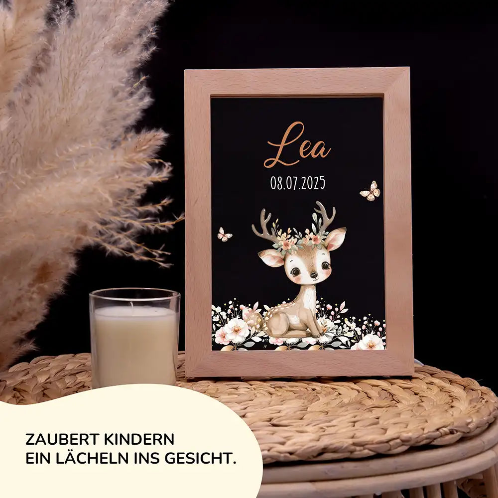 Personalisiertes LED Nachtlicht Bilderrahmen mit Namen - niedliches Reh