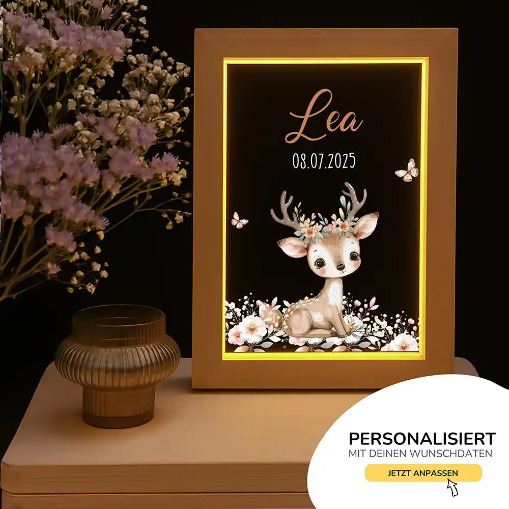 Personalisiertes LED Nachtlicht Bilderrahmen mit Namen - niedliches Reh