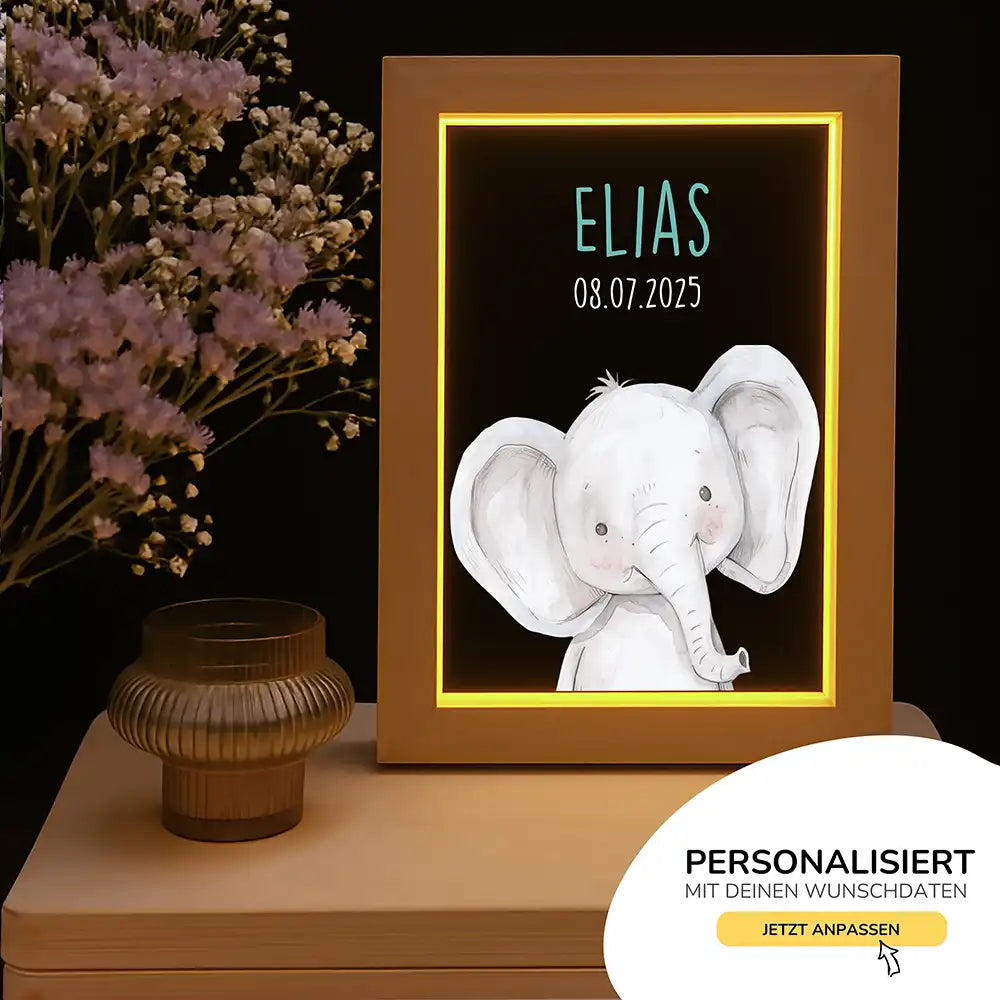 Personalisiertes LED Nachtlicht Bilderrahmen mit Namen - Elefant