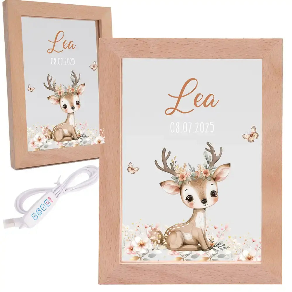 Personalisiertes LED Nachtlicht Bilderrahmen mit Namen - niedliches Reh