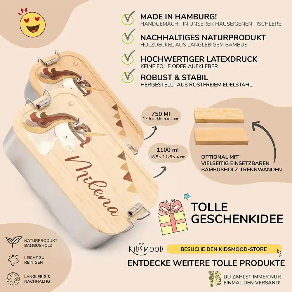 detailansicht der gravierten einhorn boho motive auf brotdose