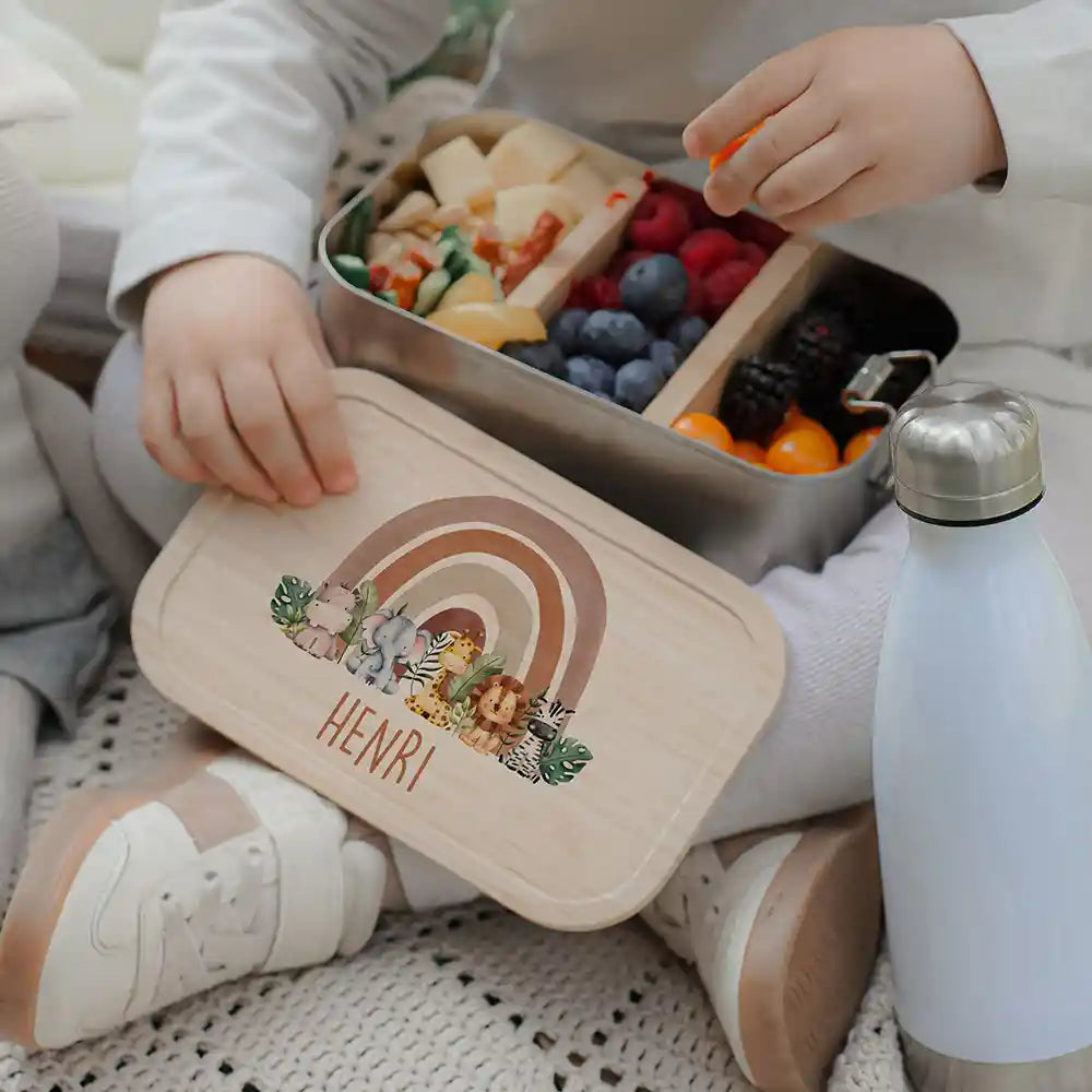 Brotdose Kinder personalisiert - Tierfamilie unter Regenbogen