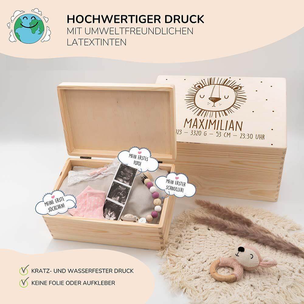 erinnerungskiste mit löwengesicht motiv und individuellem namen