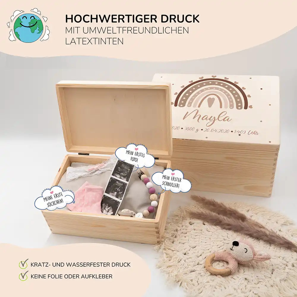 hochwertige holzkiste mit regenbogen und herz personalisiert