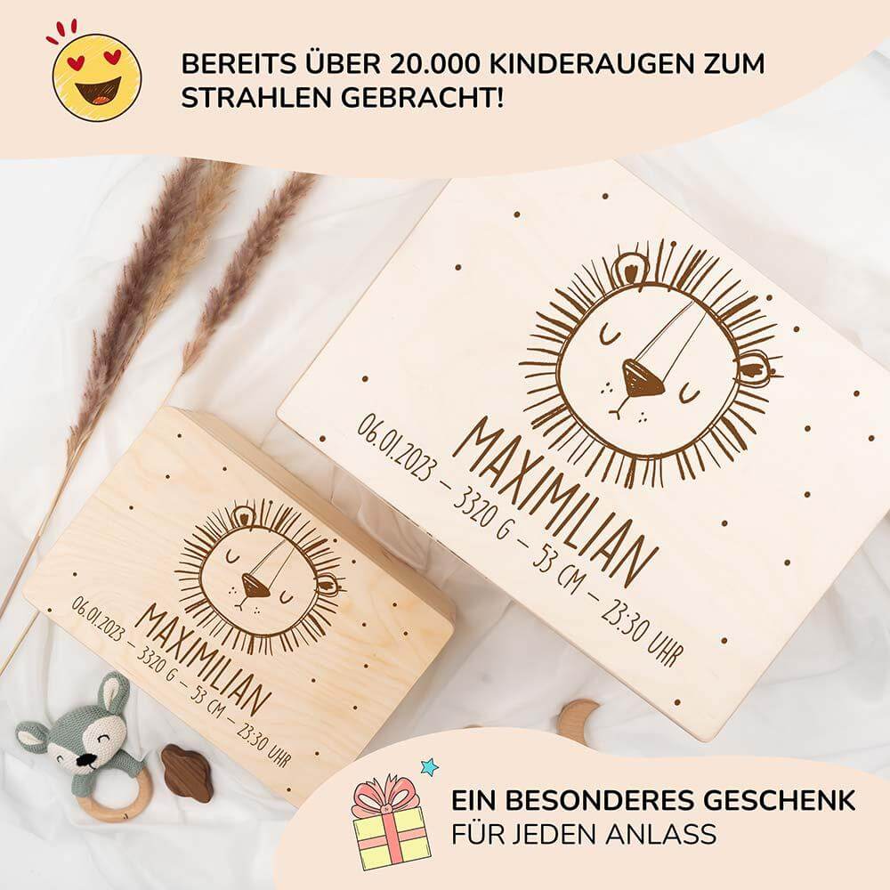 hochwertige erinnerungskiste mit löwe personalisiert