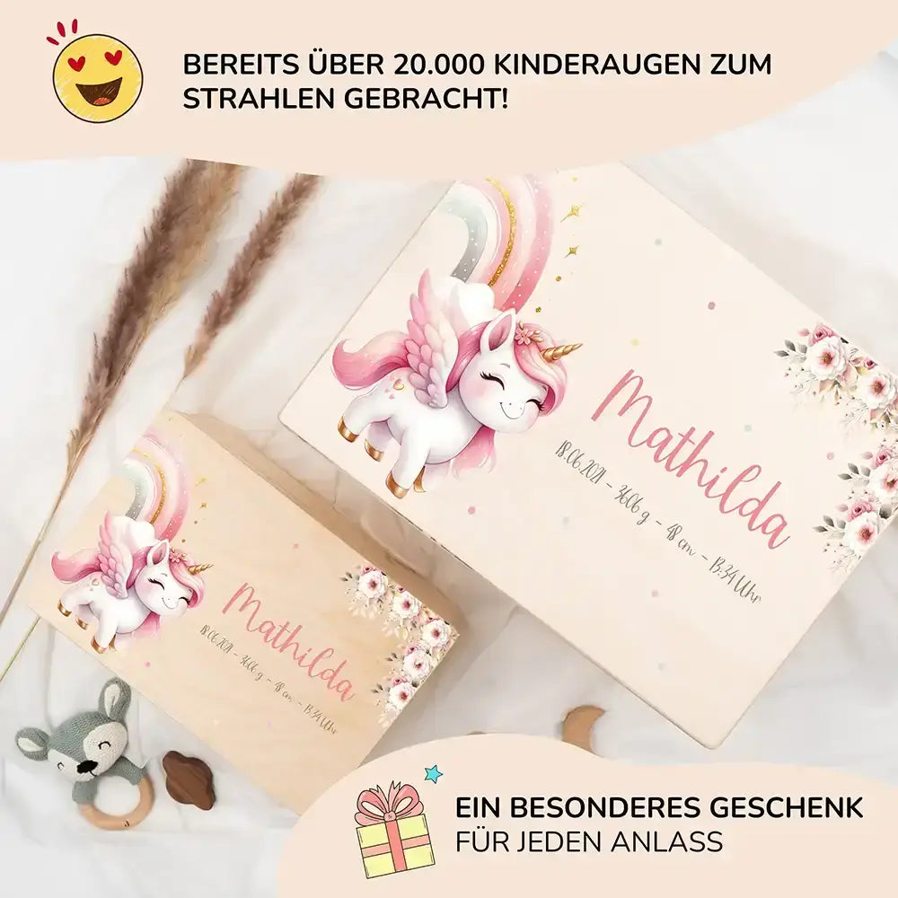 Personalisierte Erinnerungsbox für Baby mit Einhornmotiven - ideales Geschenk zur Geburt oder Taufe