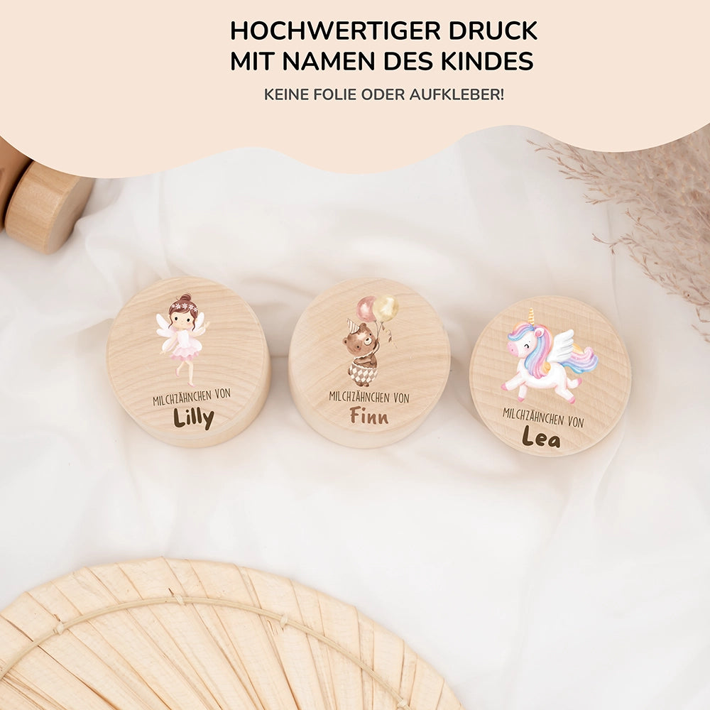 Zahndose Milchzähne personalisiert - Holz Zahnbox mit Wunschnamen - Bär mit Ballon