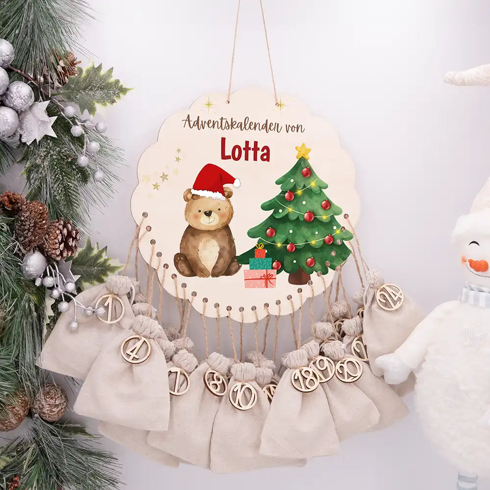 Personalisierter runder Adventskalender Kinder aus Holz - WeihnachtsbÀr