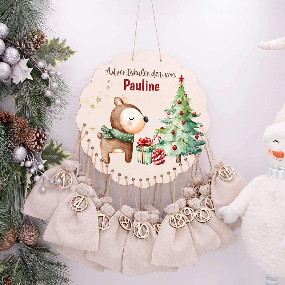 Personalisierter runder Adventskalender Kinder aus Holz - Baby Reh