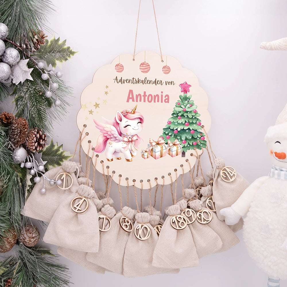 Personalisierter runder Adventskalender Kinder aus Holz - Baby Einhorn