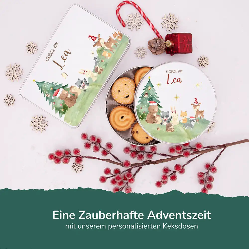 Keksdose aus Metal personalisiert - Kleine Waldbewohner im Weihnachtsglanz