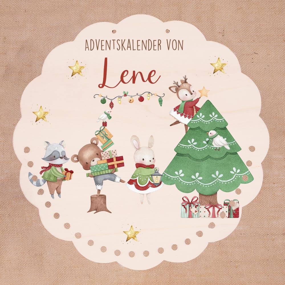 Personalisierter runder Adventskalender Kinder aus Holz - Festliche Waldszene
