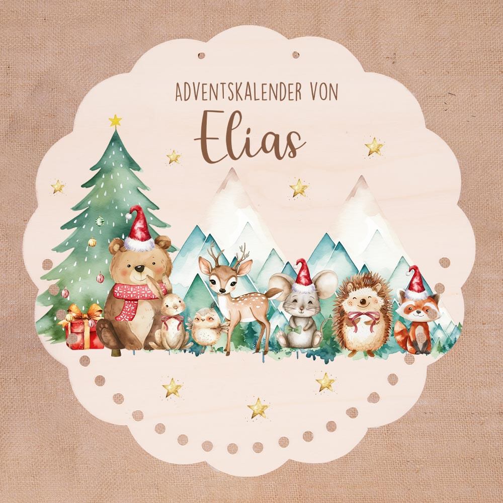 Personalisierter runder Adventskalender Kinder aus Holz - Winterwald & seine Bewohner
