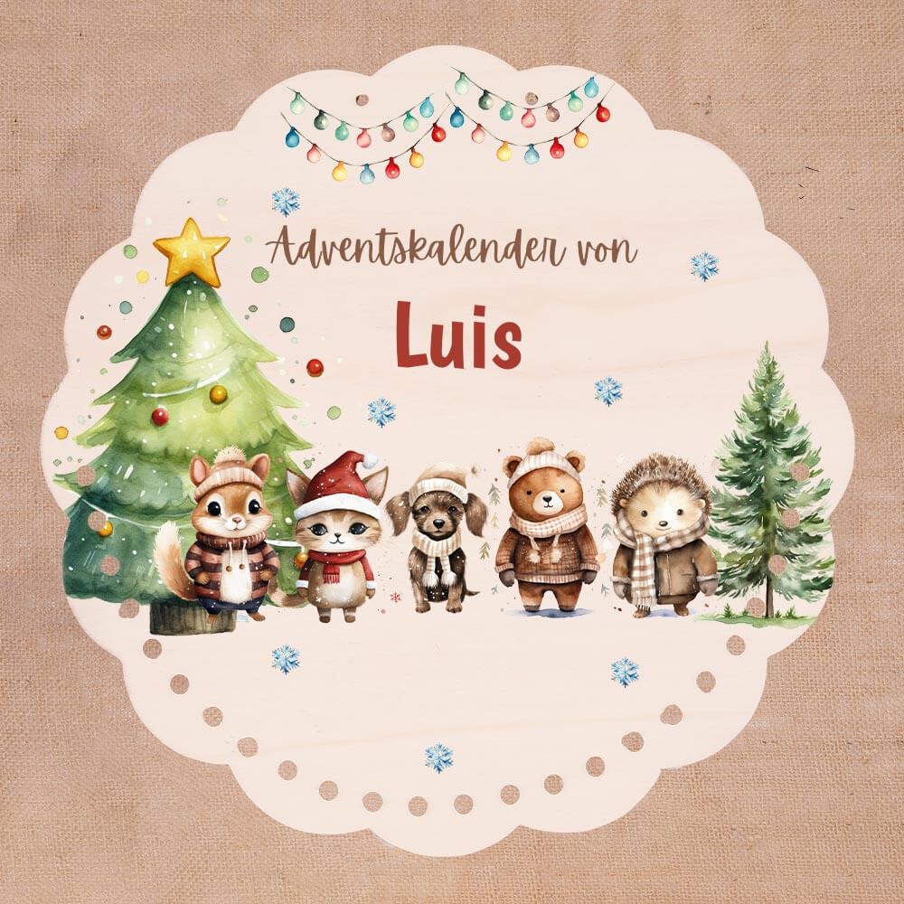 Personalisierter runder Adventskalender Kinder aus Holz - Winterwaldtiere