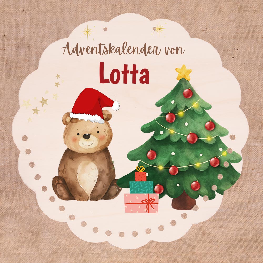 Personalisierter runder Adventskalender Kinder aus Holz - WeihnachtsbÀr