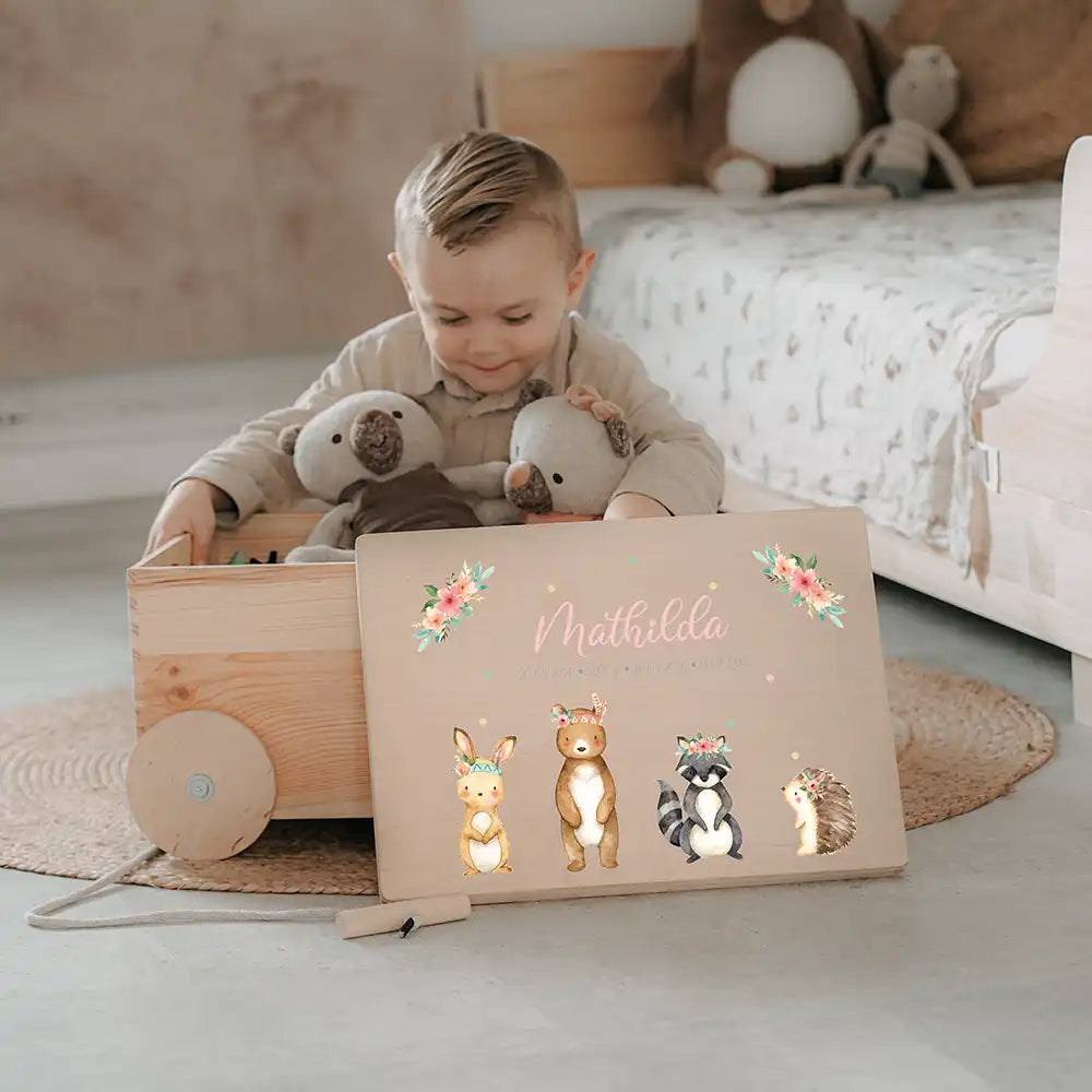 Spielzeugkiste mit Rädern personalisiert - Tiere