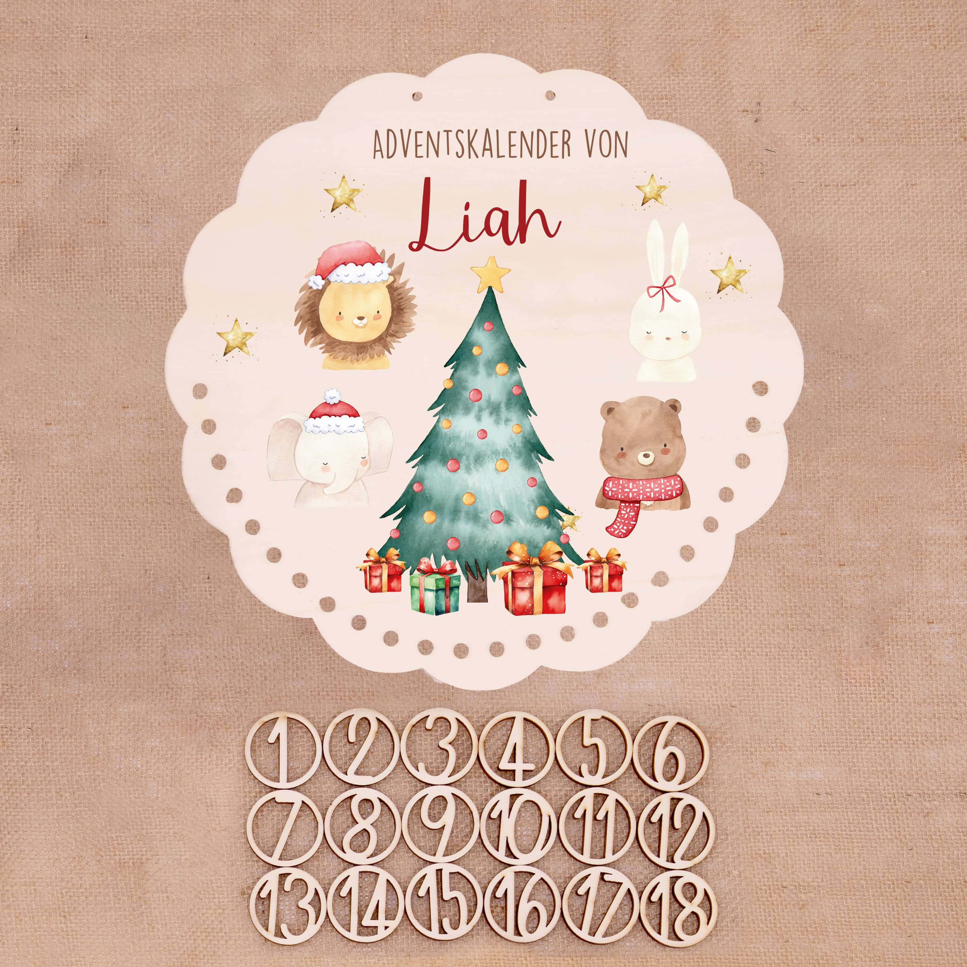 Personalisierter runder Adventskalender Kinder aus Holz - Weihnachtliche Tierwelt