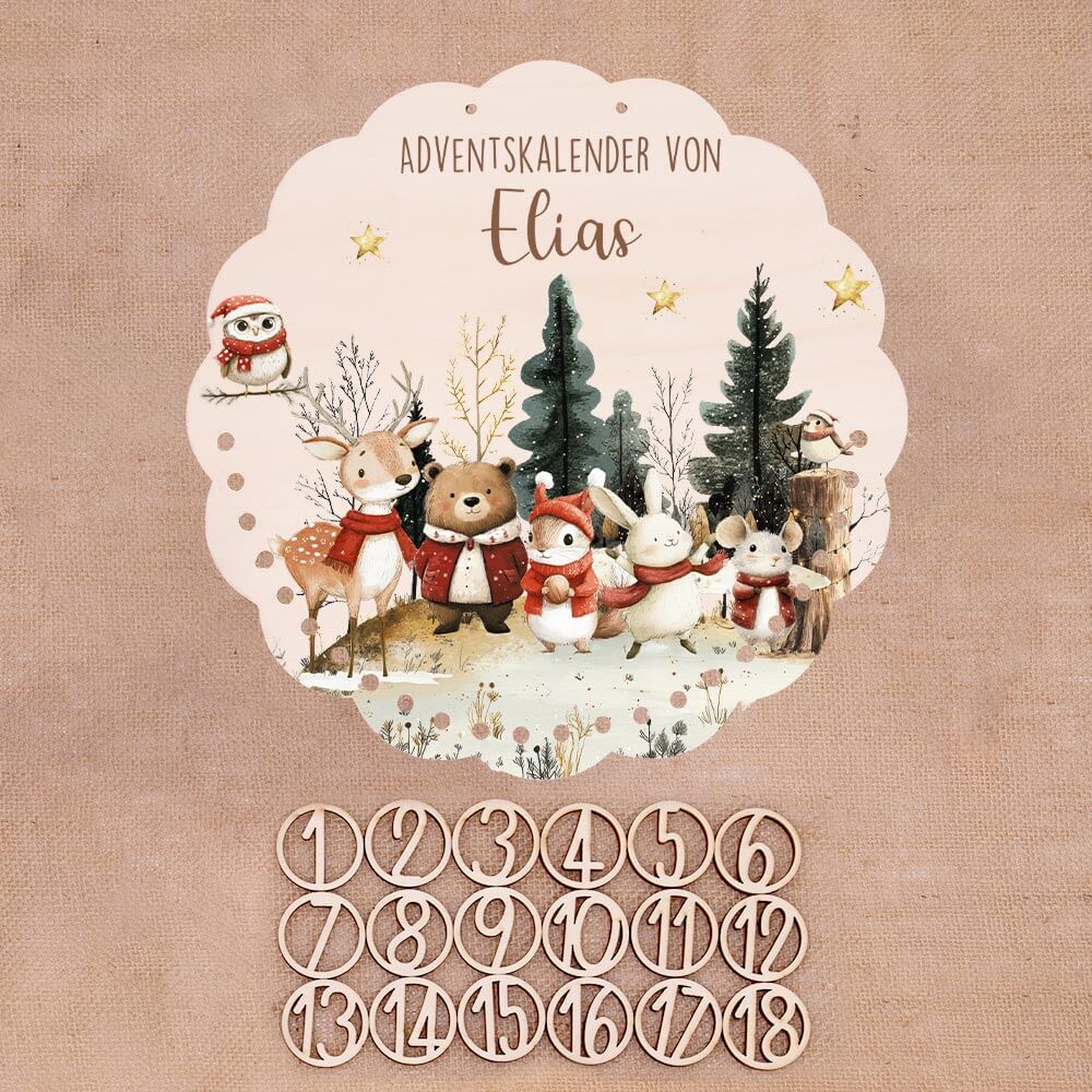 Personalisierter runder Adventskalender Kinder aus Holz - Weihnachtsdorf