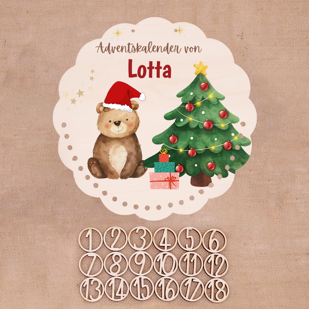Personalisierter runder Adventskalender Kinder aus Holz - WeihnachtsbÀr