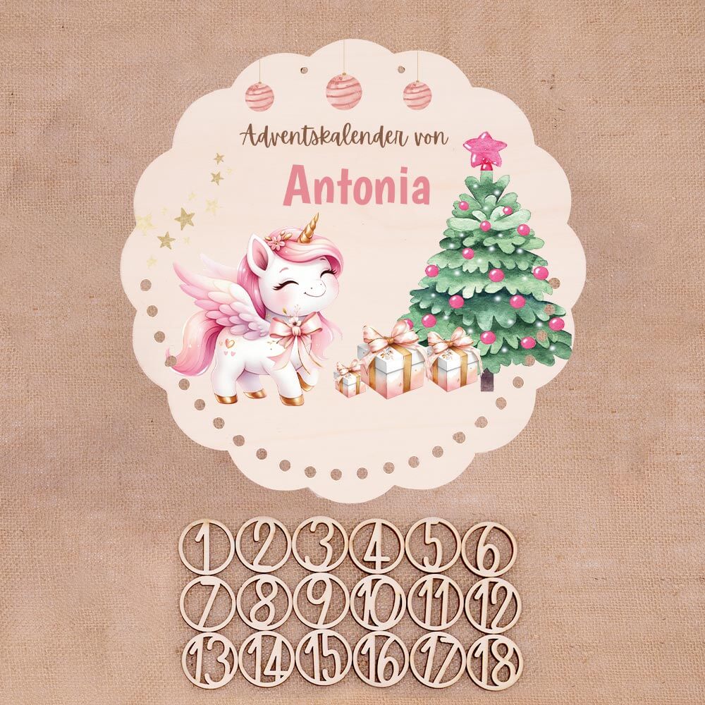 Personalisierter runder Adventskalender Kinder aus Holz - Baby Einhorn