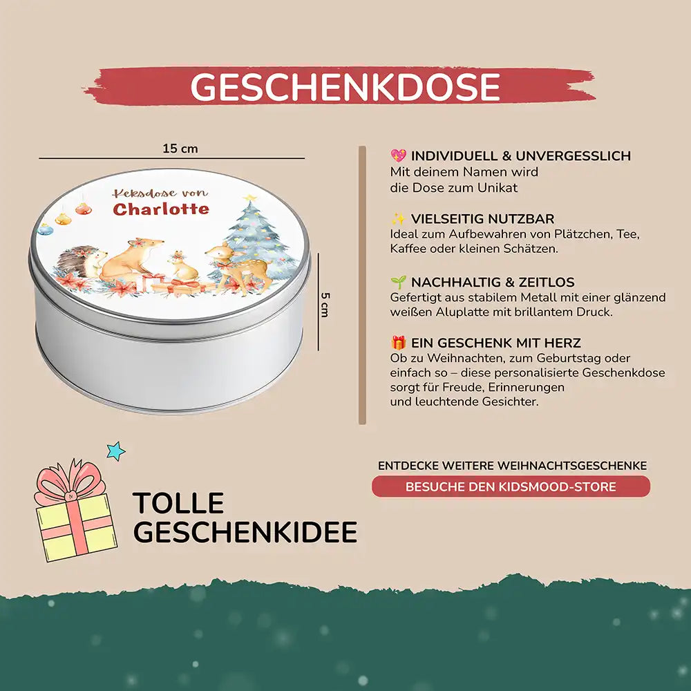 Keksdose aus Metal personalisiert - Festliche Waldfreunde