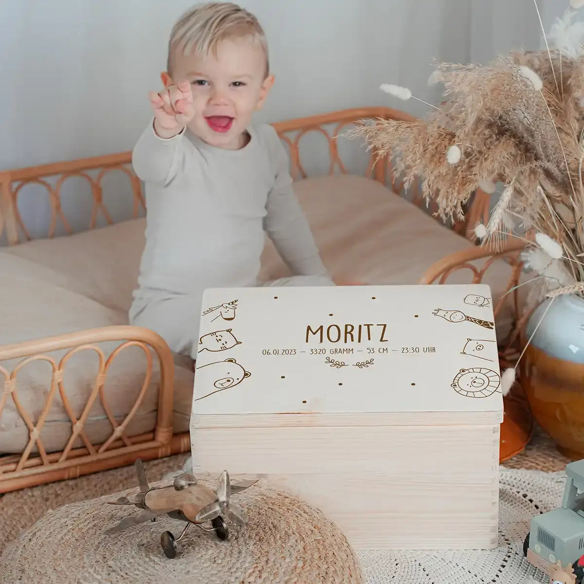 Erinnerungsbox Baby - fröhliche Tierfamilie