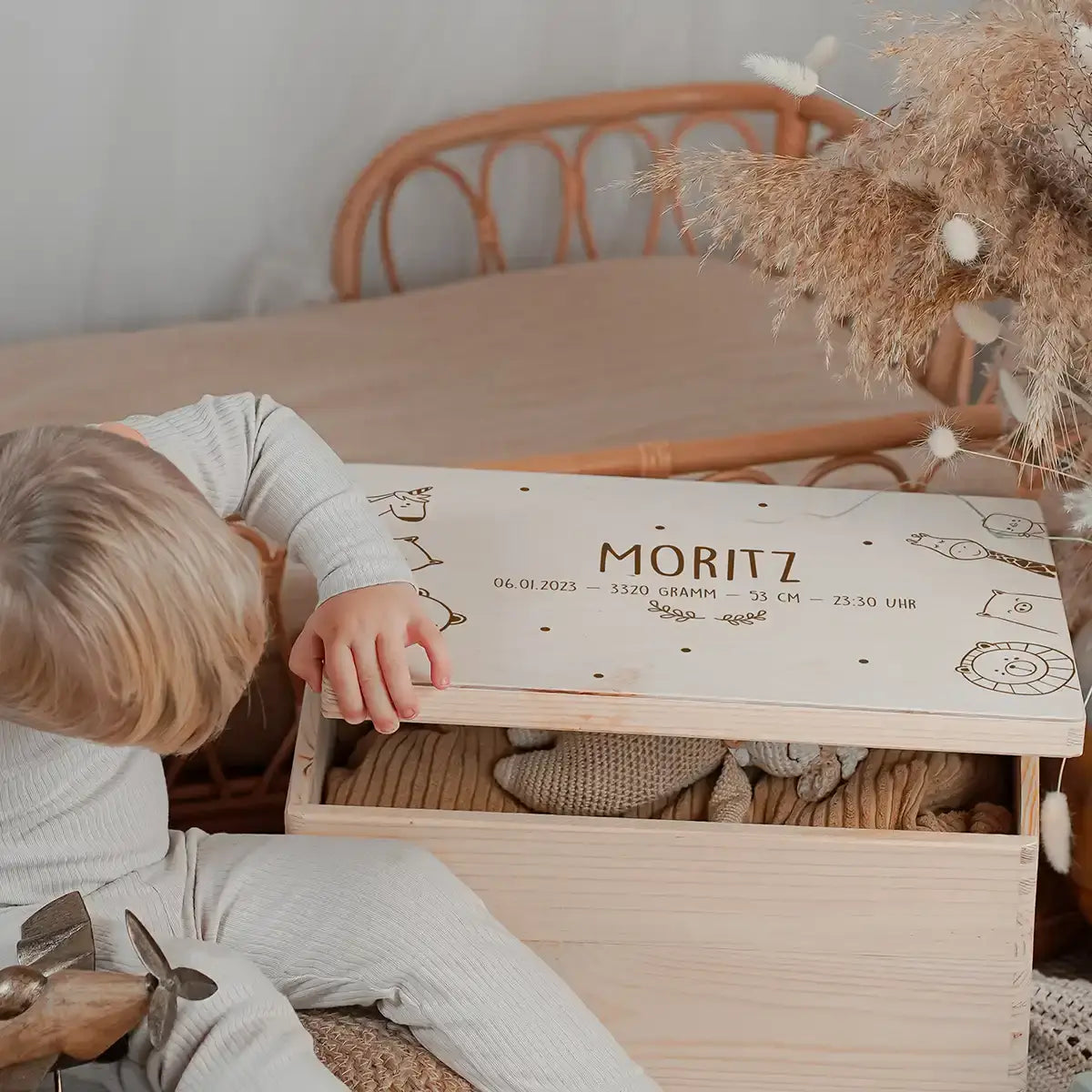 Erinnerungsbox Baby - fröhliche Tierfamilie