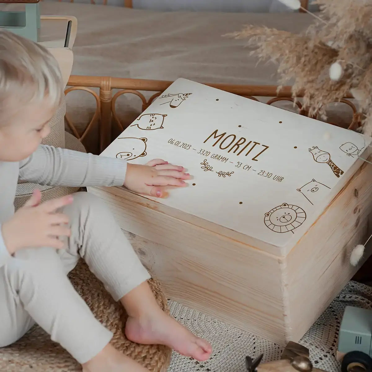 Erinnerungsbox Baby - fröhliche Tierfamilie