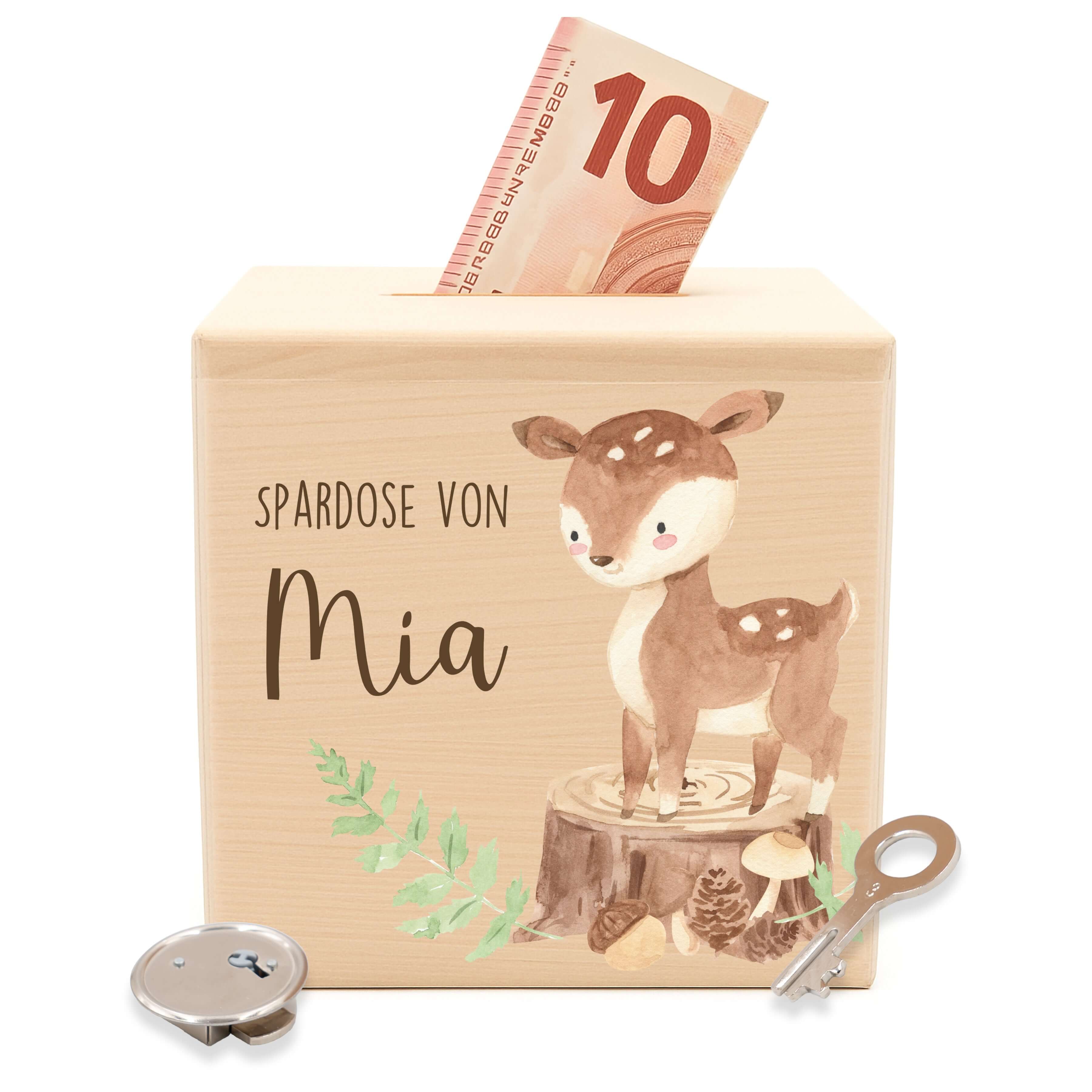 Spardose Kinder, Sparschwein personalisiert bunt - Reh Waldtiere