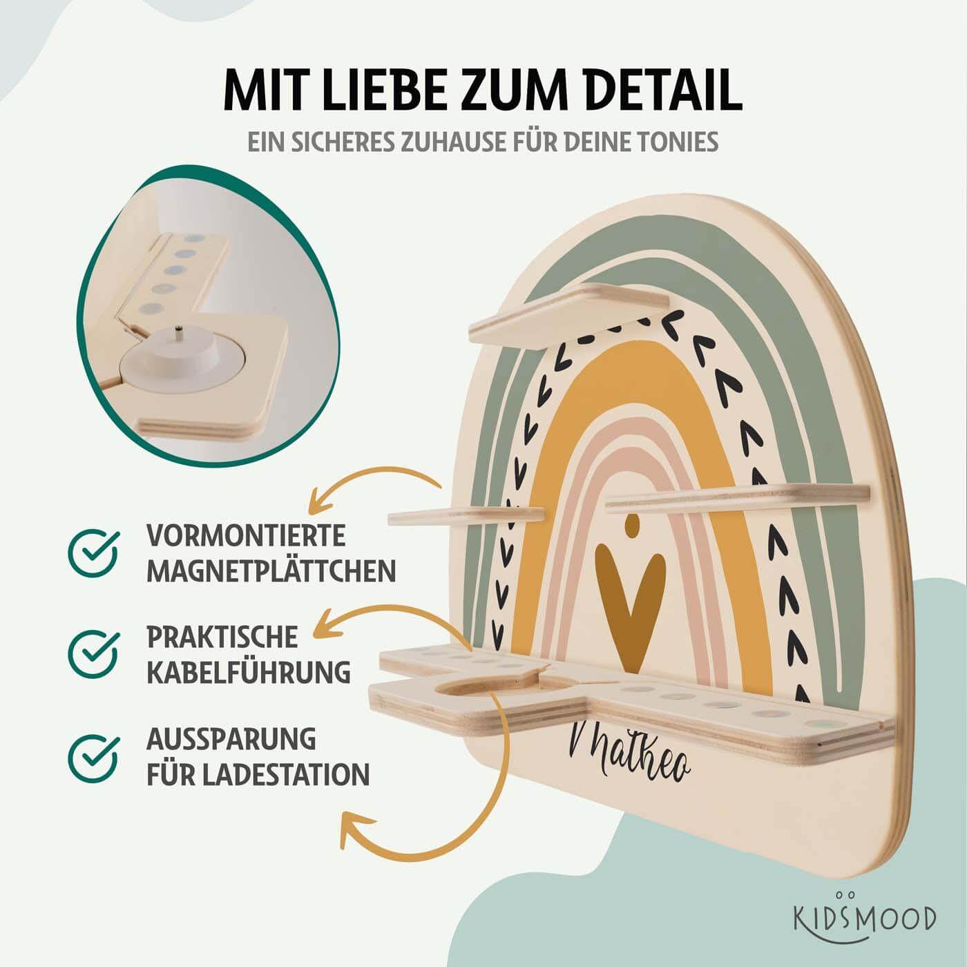engraved wooden Tonie shelf with standard rainbow and custom name